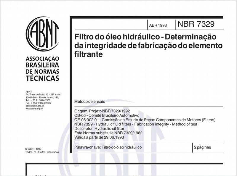 Filtro do óleo hidráulico - Determinação da integridade de fabricação do elemento filtrante