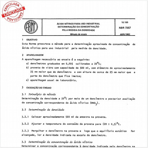 Acido nítrico para uso industrial - Determinação da concentração pela medida da densidade