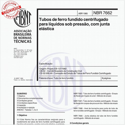 Tubos de ferro fundido centrifugado para líquidos sob pressão, com junta elástica