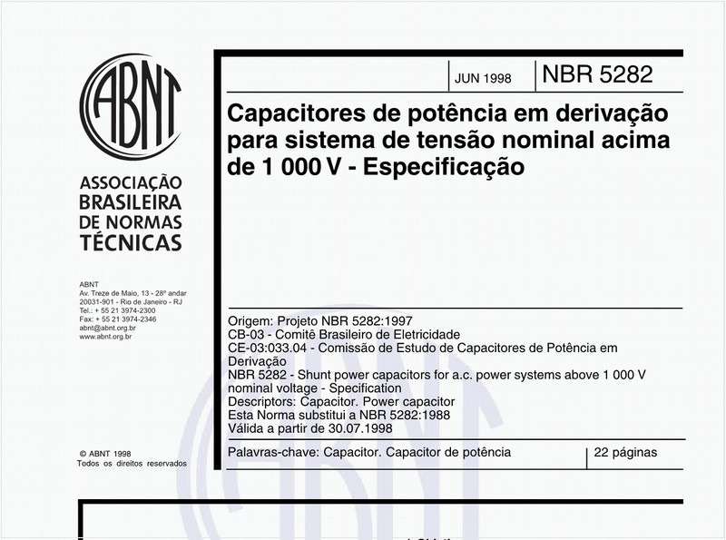 Capacitores de potência em derivação para sistema de tensão nominal acima de 1 000 V