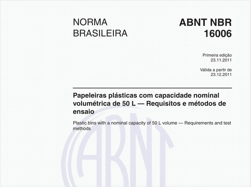 Papeleiras plásticas com capacidade nominal volumétrica de 50 L — Requisitos e métodos de ensaio