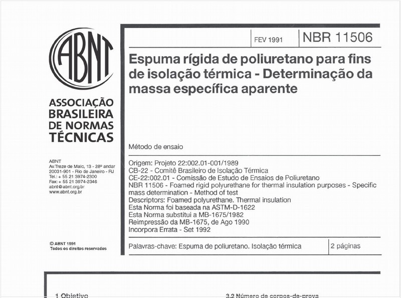 Espuma rígida de poliuretano para fins de isolação térmica - Determinação da massa específica aparente - Método de ensaio