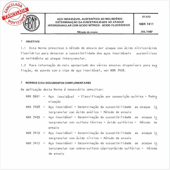 Aço inoxidável austenítico ao molibdênio - Determinação da suscetibilidade ao ataque intergranular com ácido nítrico - Acido fluorídrico