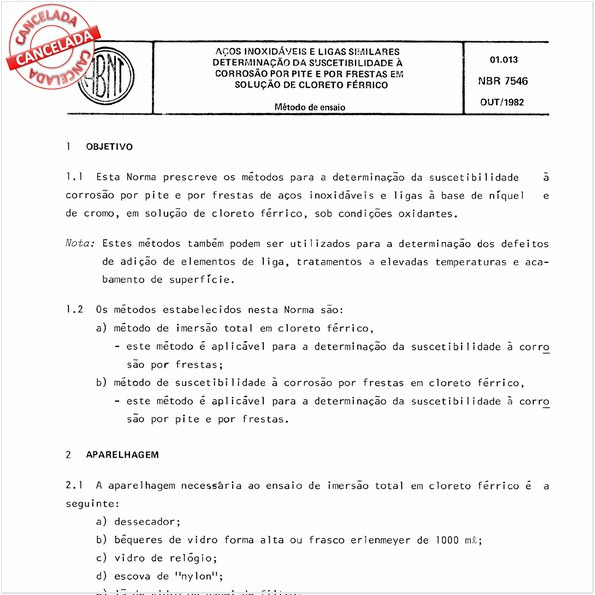 Aços inoxidáveis e ligas similares - Determinação da suscetibilidade à corrosão por pite e por frestas em solução de cloreto férrico