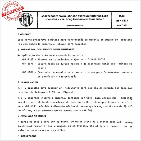 Adaptadores com quadrado externo e interno para soquetes - Verificação do momento de ensaio