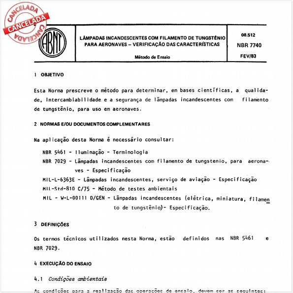 Lâmpadas incandescentes com filamento de tungstênio para aeronaves - Verificação das características