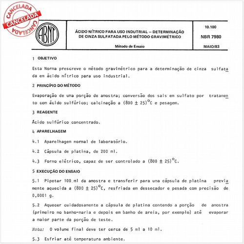 Acido nítrico para uso industrial - Determinação de cinza sulfatada pelo método gravimétrico