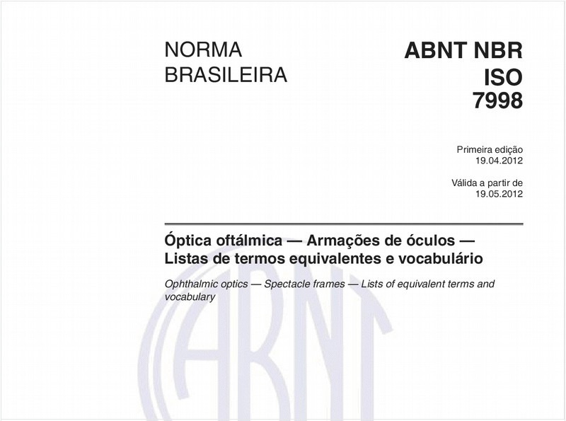 Óptica oftálmica — Armações de óculos — Listas de termos equivalentes e vocabulário