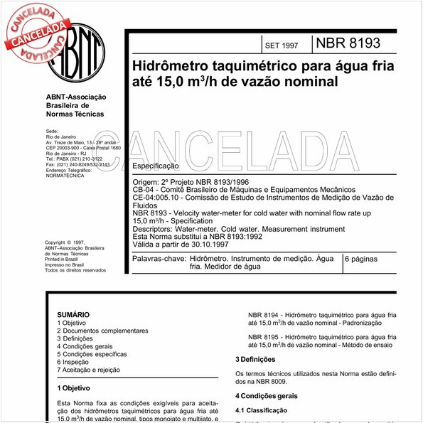 Hidrômetro taquimétrico para água fria até 15,0 metros cúbicos por hora de vazão nominal
