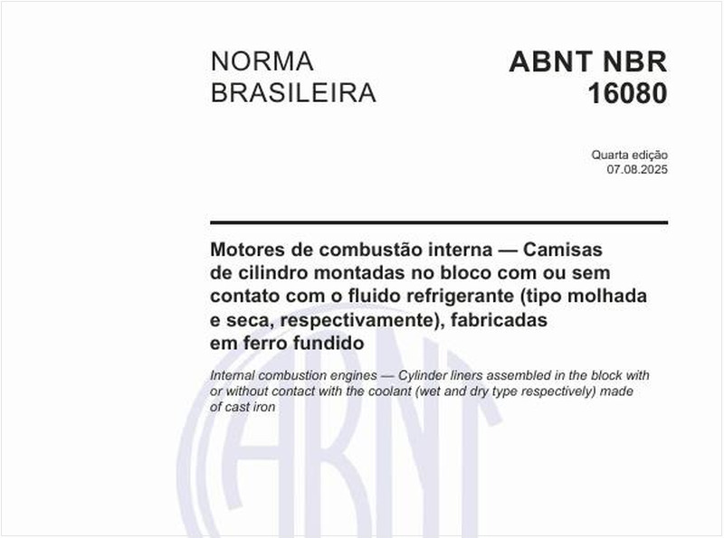 Motores de combustão interna — Camisas de cilindro montadas no bloco com ou sem contato com o fluido refrigerante (tipo molhada e seca, respectivamente), fabricadas em ferro fundido