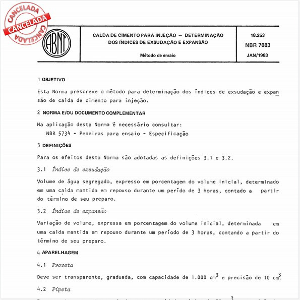 Calda de cimento para injeção - Determinação dos índices de exsudação e expansão