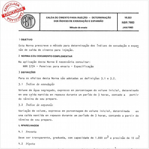 Calda de cimento para injeção - Determinação dos índices de exsudação e expansão