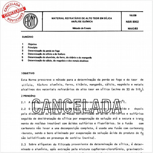 Material refratário de alto teor em sílica - Análise química