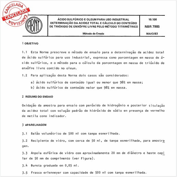 Acido sulfúrico e oleum para uso industrial - Determinação da acidez total e cálculo do conteúdo de trióxido de enxofre livre pelo método titrimétrico