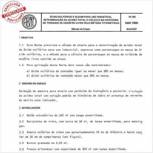 Acido sulfúrico e oleum para uso industrial - Determinação da acidez total e cálculo do conteúdo de trióxido de enxofre livre pelo método titrimétrico