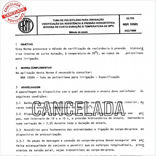 Tubo de polietileno para irrigação - Verificação da resistência à pressão hidrostática interna de curta duração à temperatura de 20 graus Celsius