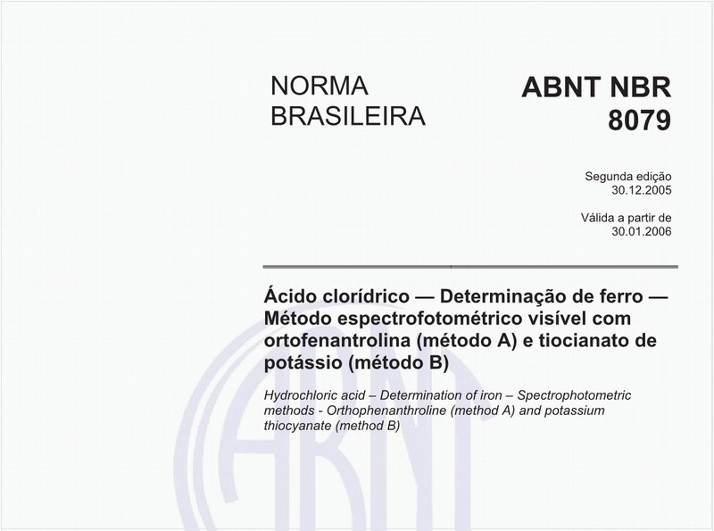 Ácido clorídrico - Determinação de ferro - Método espectrofotométrico visível com ortofenantrolina (método A) e tiocianato de potássio (método B)
