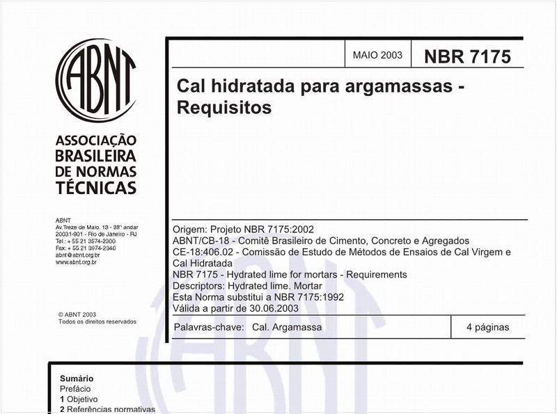Cal hidratada para argamassas - Requisitos