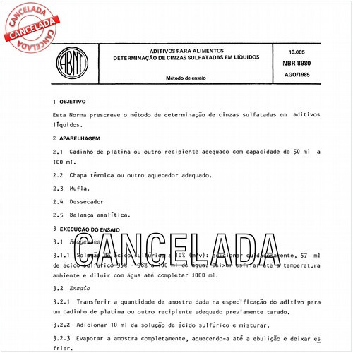 Aditivos para alimentos - Determinação de cinzas sulfatadas em líquidos