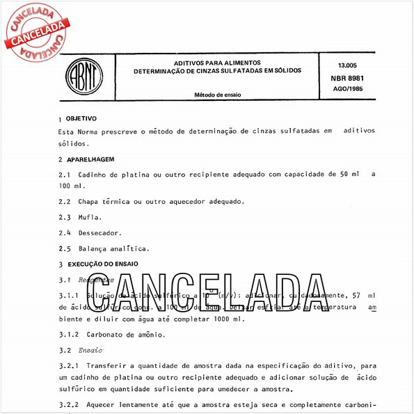 Aditivos para alimentos - Determinação de cinzas sulfatadas em sólidos