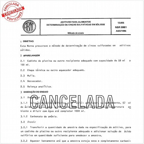 Aditivos para alimentos - Determinação de cinzas sulfatadas em sólidos