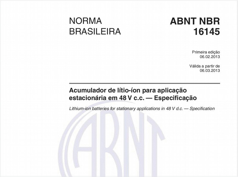 Acumulador de lítio-íon para aplicação estacionária em 48 V c.c. — Especificação