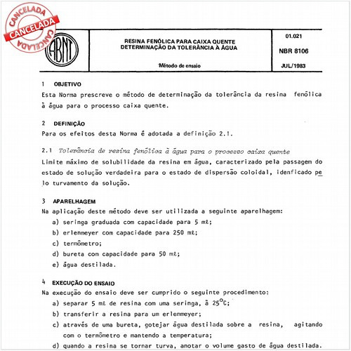 Resina fenólica para caixa quente - Determinação da tolerância à água