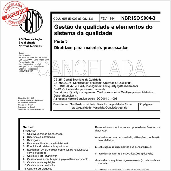 Gestão da qualidade e elementos do sistema da qualidade - Parte 3: Diretrizes para materiais processados