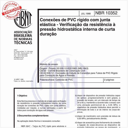 Conexões de PVC rígido com junta elástica - Verificação da resistência à pressão hidrostática interna de curta duração - Método de ensaio