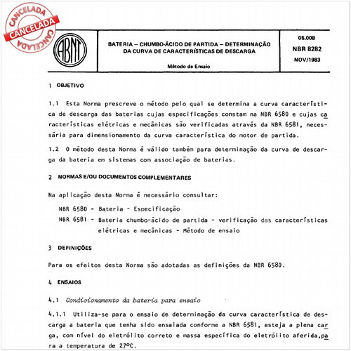 Bateria - Chumbo ácido de partida - Determinação da curva de características de descarga
