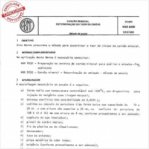 Carvão mineral - Determinação do teor de cinzas