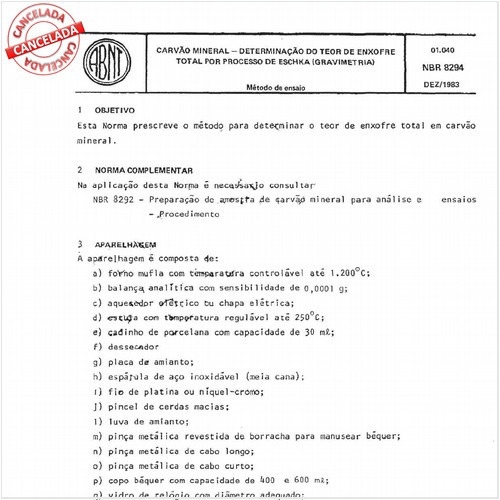 Carvão mineral - Determinação do teor de enxofre total por processo de Eschka (gravimetria)