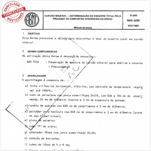 Carvão mineral - Determinação do enxofre total pelo processo de combustão (hidróxido de sódio)