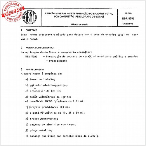 Carvão mineral - Determinação de enxofre total por combustão (perclorato de bário)