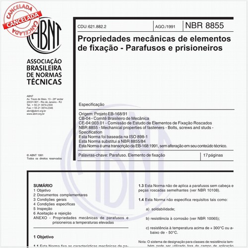 Propriedades mecânicas de elementos de fixação - Parafusos e prisioneiros - Especificação
