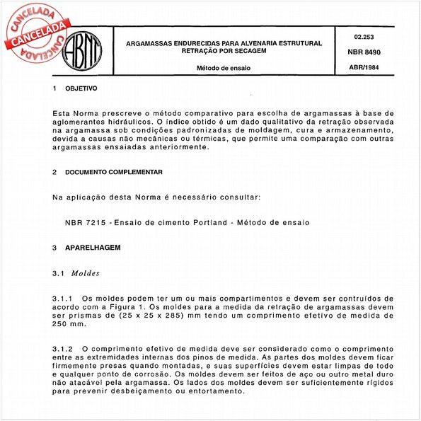 Argamassas endurecidas para alvenaria estrutural - Retração por secagem