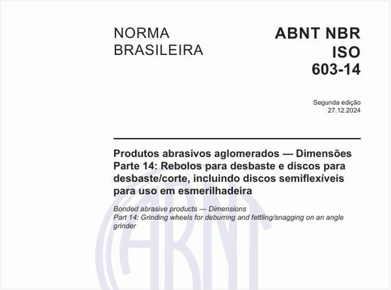 Produtos abrasivos aglomerados — Dimensões - Parte 14: Rebolos para desbaste e discos para desbaste/corte, incluindo discos semiflexíveis para uso em esmerilhadeira