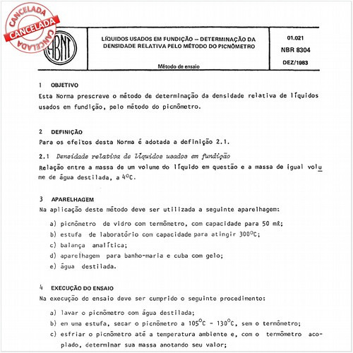 Líquidos usados em fundição - Determinação da densidade relativa pelo método do picnômetro