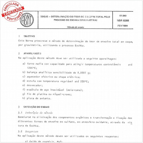 Coque - Determinação do teor de enxofre total pelo processo de Eschka (gravimetria)