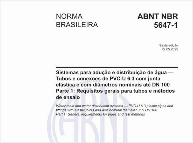 Sistemas para adução e distribuição de água - Tubos e conexões de PVC-U 6,3 com junta elástica e com diâmetros nominais até DN 100  - Parte 1: Requisitos gerais para tubos e métodos de ensaio