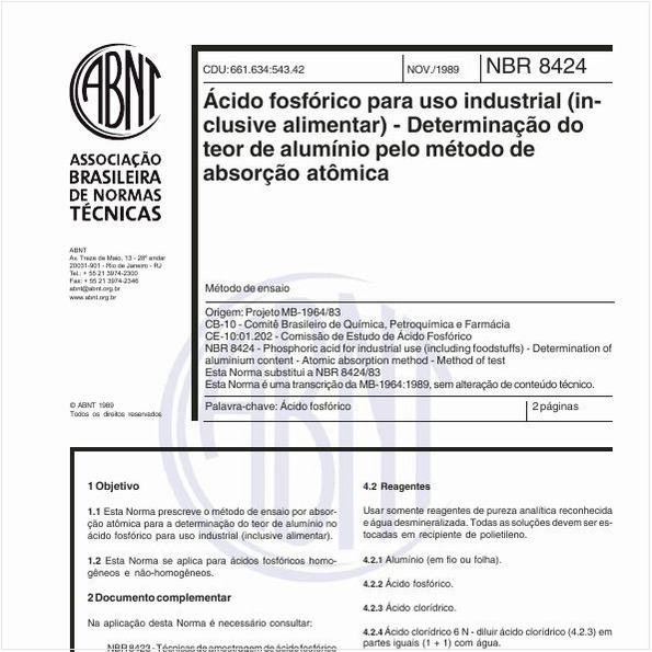 Ácido fosfórico para uso industrial (inclusive alimentar) - Determinação do teor de alumínio pelo método de absorção atômica - Método de ensaio