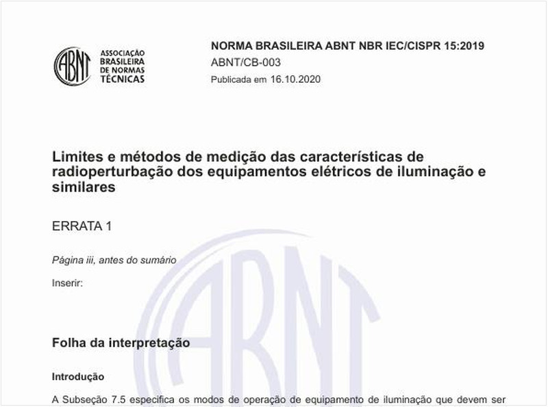Limites e métodos de medição das características de radioperturbação dos equipamentos elétricos de iluminação e similares
