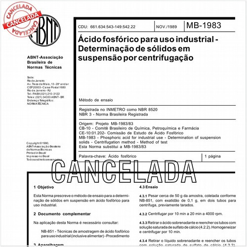 Acido fosfórico para uso industrial - Determinação de sólidos em suspensão por centrifugação