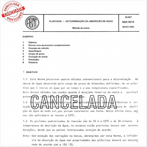 Plásticos - Determinação da absorção de água