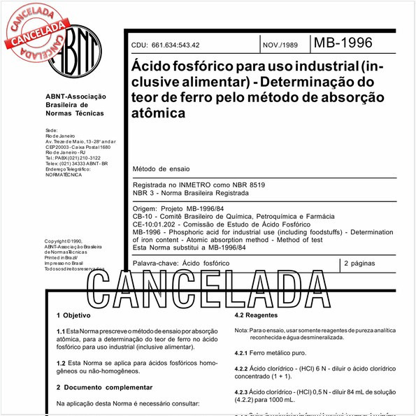 Acido fosfórico para uso industrial (inclusive alimentar) - Determinação do teor de ferro pelo método por absorção atômica