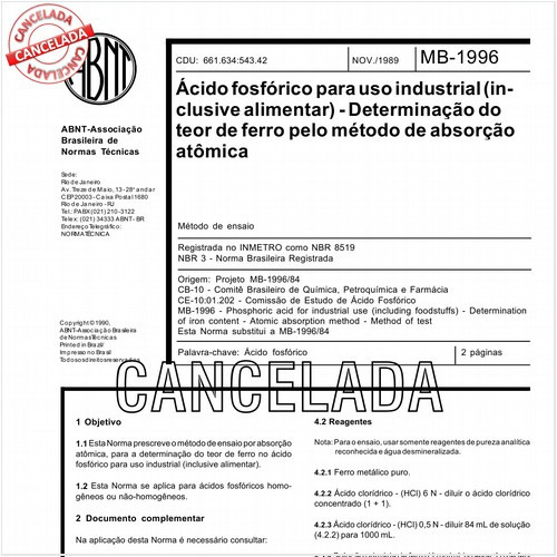 Acido fosfórico para uso industrial (inclusive alimentar) - Determinação do teor de ferro pelo método por absorção atômica