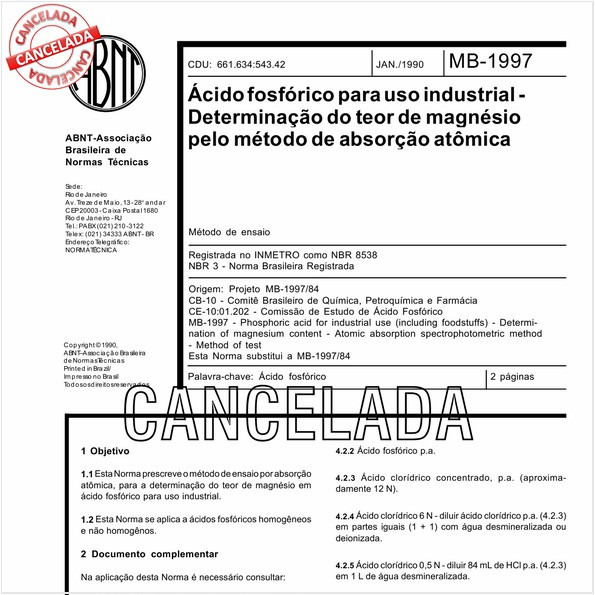 Acido fosfórico para uso industrial - Determinação do teor de magnésio pelo método de absorção atômica