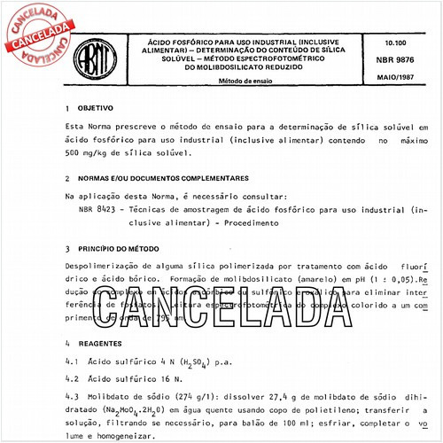 Acido fosfórico para uso industrial (inclusive alimentar) - Determinação do conteúdo de sílica solúvel - Método espectrofotométrico do molibdosilicato reduzido