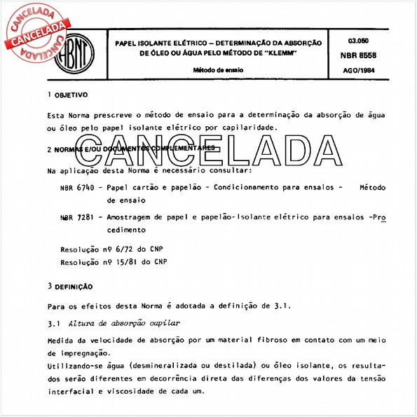 Papel isolante elétrico - Determinação da absorção de óleo ou água pelo método de "Klemm"