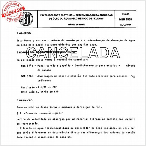 Papel isolante elétrico - Determinação da absorção de óleo ou água pelo método de "Klemm"